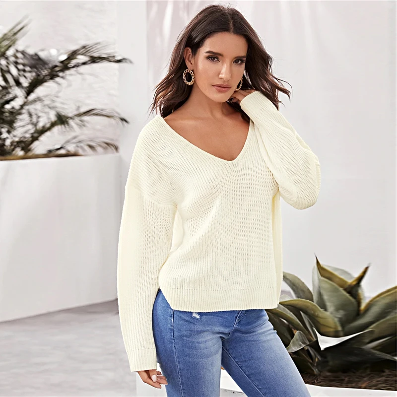 SHEIN бежевый Однотонный свитер на завязке с открытой спиной для женщин Осень Зима V образным вырезом с длинным рукавом Highstreet сексуальные свитера
