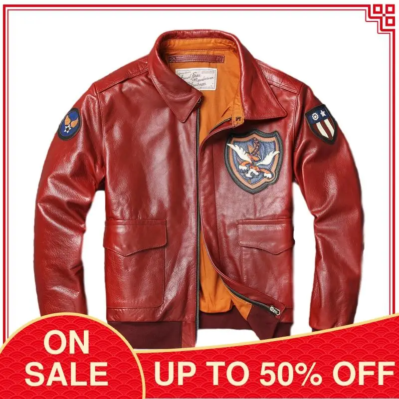 

2020 Red Military Style Genuine Pilot Leather Jacket Men Plus Size 5XL Real Natural Cowhide Autumn A2 Aviator Coat