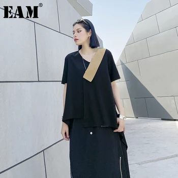 

[EAM] Women Khaki Split Joint Asymmetrical Big Size T-shirt New V-Neck Short Sleeve Fashion Tide Spring Summer 2020 1T972