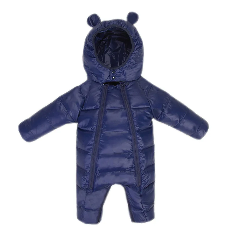 Зимний детский цельный пуховик детский теплый комбинезон, ветрозащитное зимнее пальто для маленьких девочек пуховый спальный мешок для новорожденных, Одежда для младенцев - Цвет: Синий