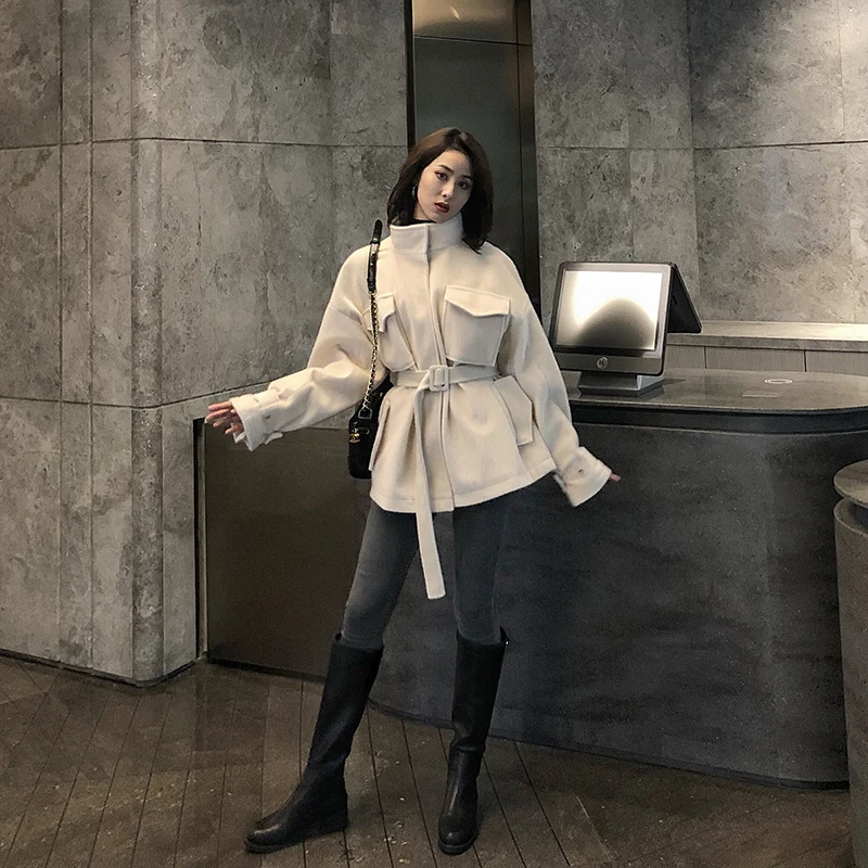 

2019 Spring Autumn Winter Women Faux Mink Cashmere Oversize Coat With Belt Female Lapel Long Sleeve Loose Casual Jackets V865