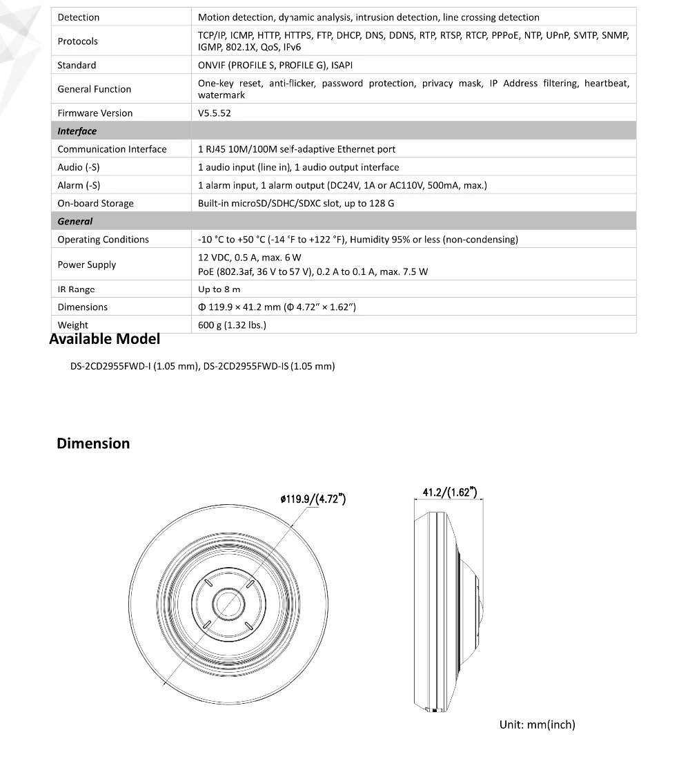 Hikvision DS-2CD2955FWD-IS международная версия 5MP сеть рыбий глаз cctv ip камера poe с 8 м ИК и углом обзора 180 градусов