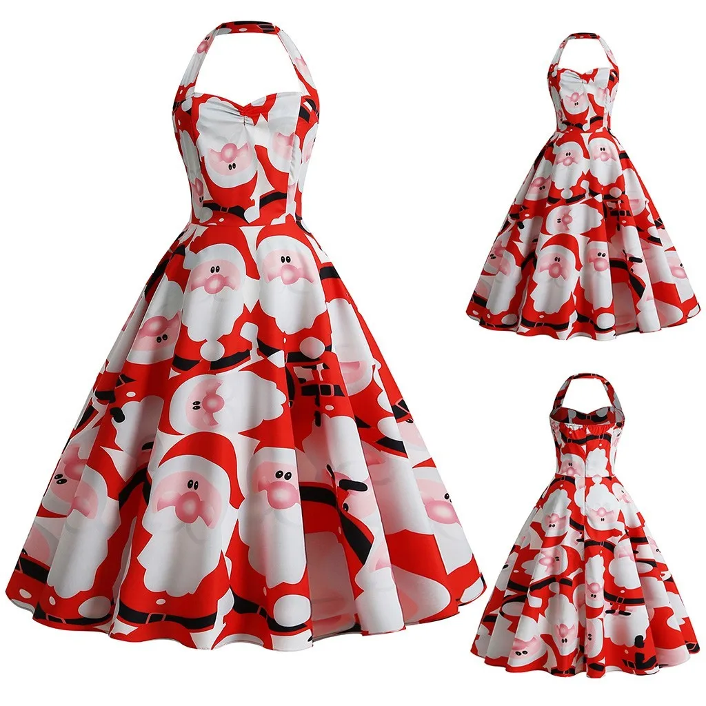 Superb Ladies Dresses Christmas Dress Vintage Clothes Women's Dress Retro Santa Claus Print Dress vestidos de fiesta de noche