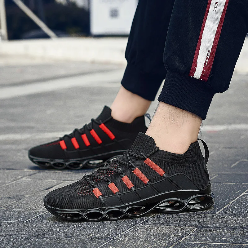 

2019 New Fish Bone Striped Casual Sock Shoes Men Red Black Damping Blade Sneakers Men Hollow Sole Male Shoes Comfortable