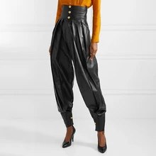 PU Leather Ruched Women's Full Length Pant High Waist Tunic Lace Up Casual Trousers Female 2019 Fashion Clothes New