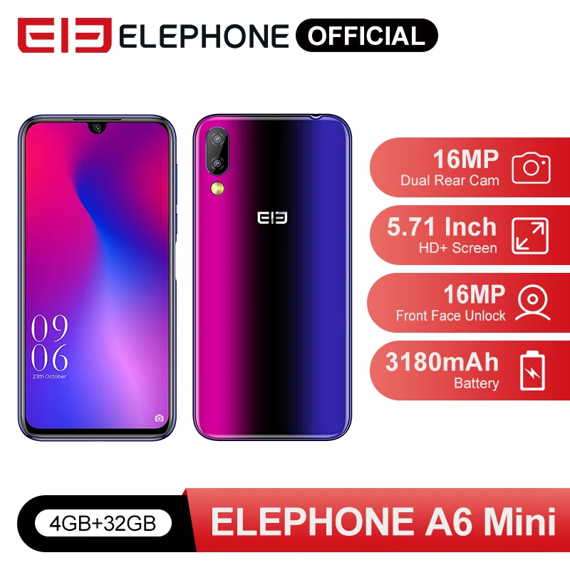 

Elephone A6 Mini 5.71'' waterdrop Screen Mobile Phone Android 9.0 MT6761 Quad Core HD+ 4GB 32GB/64GB 16MP 4G LTE Smartphone