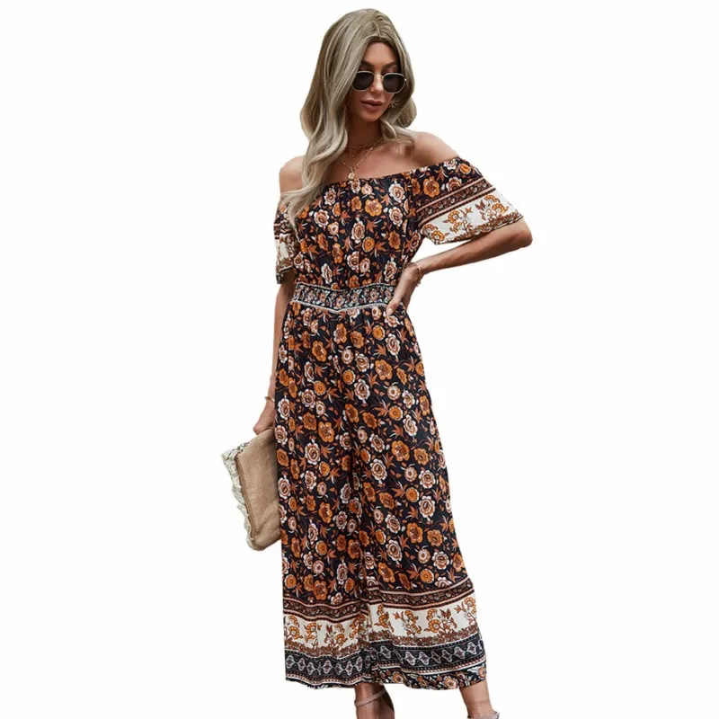Sexy One-shoulder Jumpsuit For Women Summer 2021 New Fashion Short Sleeve Printed Trousers Casual Elastic Patchwork Jumpsuit