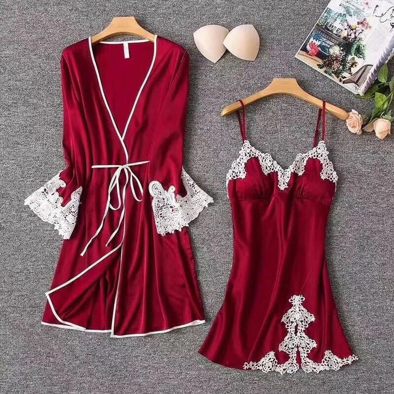 

Summer Women's New Style with Chest Pad Slip Nightdress Lace Silk Fabrics Two-Piece Set Nightgown Top Grade Glorious Women's Rob