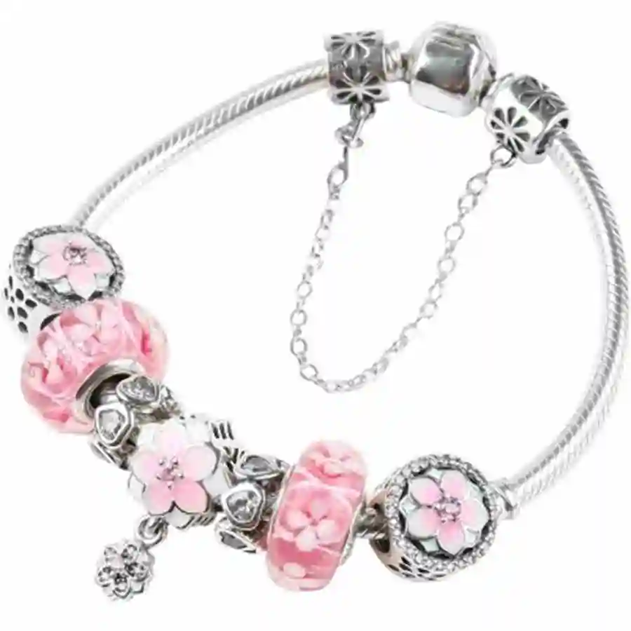 

Keris Store 100% 925 Sterling Silver Brand New 1:1 Genuine Elegant Flower Bracelet Set Charm Orchid Pink Glass Bracelet