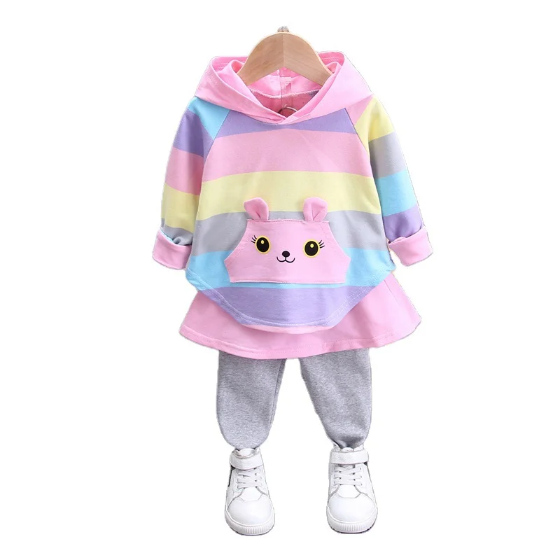 

Children Lovely Fashion Clothes Spring Autumn Baby Girl Cartoon Striped Hoodies Culottes 2Pcs/sets Kids Infant Casual Sportswear