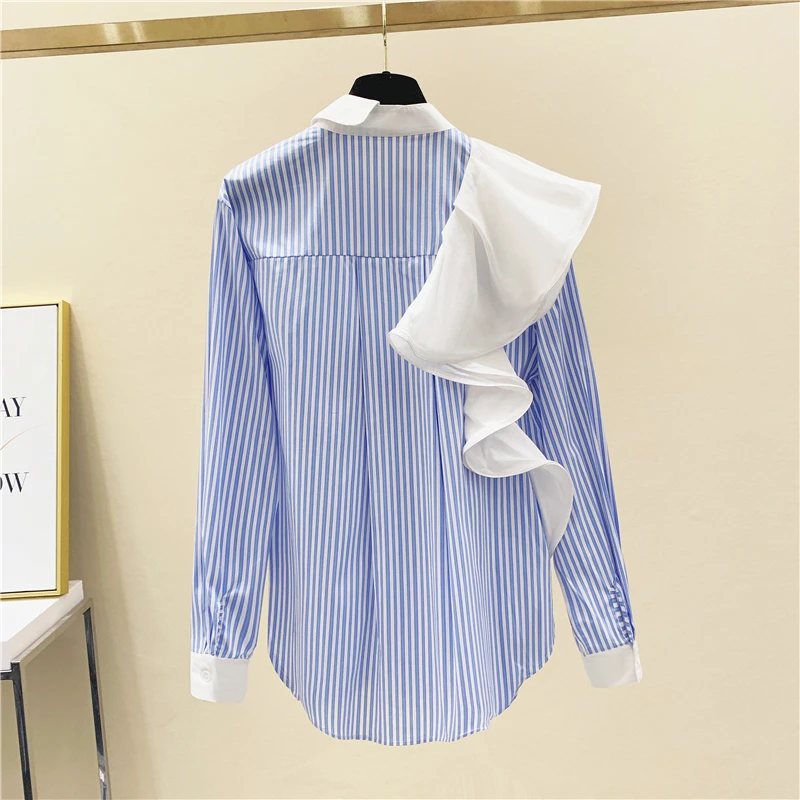 Blue Vertical Striped Ruffle Irregular Stitching Shirt Women's Tops and Blouses 2020 Spring Autumn Long Sleeve Retro Blouse Top - 4.00068E+12