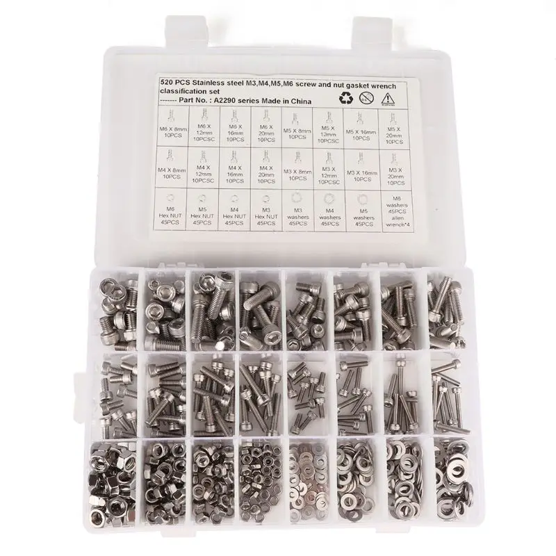 

520 Pcs Hex Socket Head Cap Screws Nuts, M3 M4 M5 M6 Hex Socket Head Cap Screws Assortment Set Kit with Storage Box