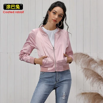 

CR Women Long Sleeve Pockets Coats With Zipper Female Autumn Spring Plus Size Loose Ladies Baseball Clothes Outwear Crop Top