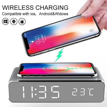 

3 in1 LED Electric Alarm Clock With Phone Wireless Charger Charging Desktop Digital Thermometer Clock HD Mirror Clock With Date