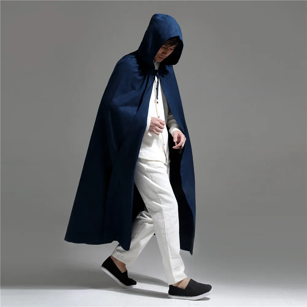 

Mens Chinese Style Dark Blue Hooded Cloak Men Cotton Linen Trench Coat Male High Quality Cape Loose Extra Long Ponchos and Capes