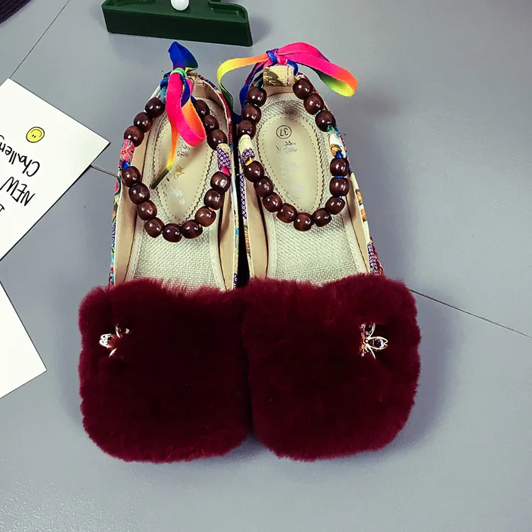 

2018 Summer Jubilee Good Luck Ethnic-Style Flat Beaded Bracelet Fluffy Shoes WOMEN'S Shoes New Style WOMEN'S Shoes Old Beijing C