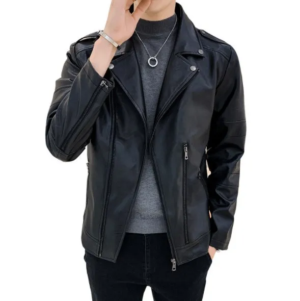 

Russian Style Mens Punk Notched Slim Fit Pu Leather Jackets Zipper Moto Biker Faux Leather Jacket Coat Autumn Outerwear