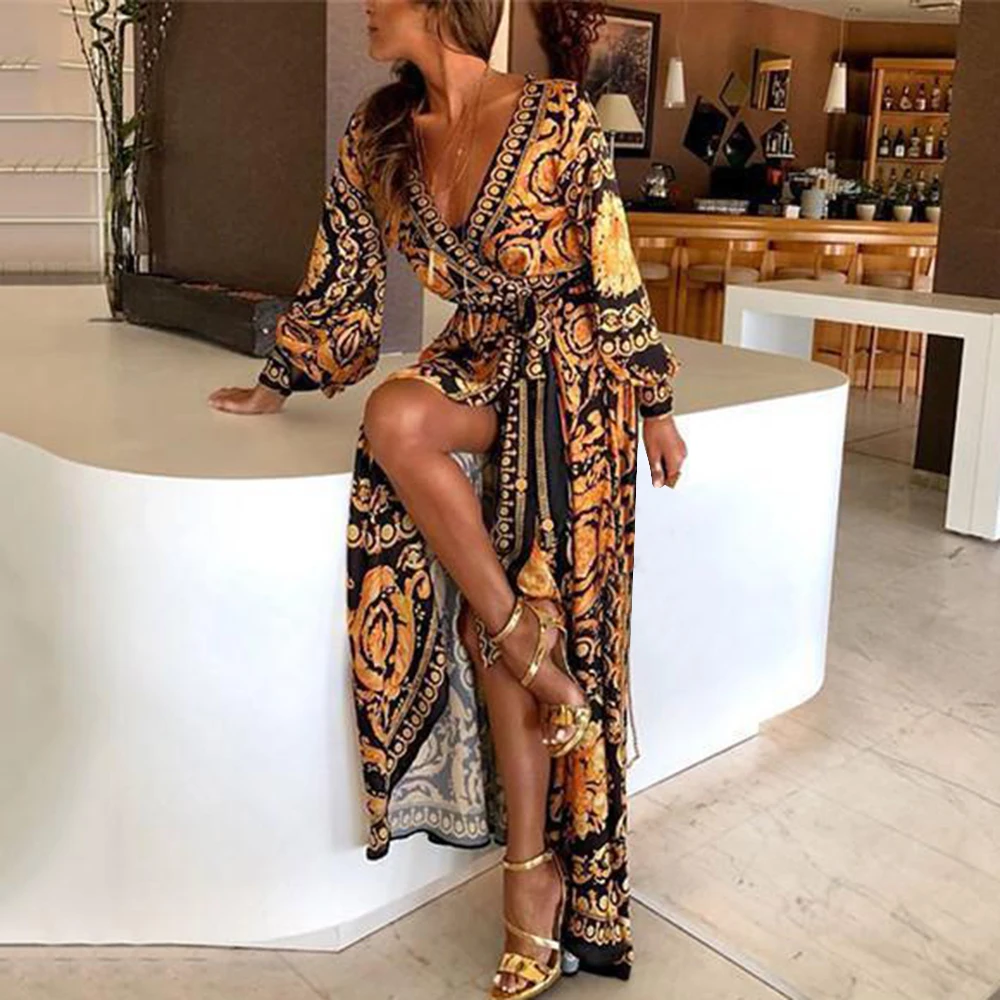 

Women Floral Print Spring Boho Dresses 2020 New Long Sleeve V Neck Long Dress Party Beach Holiday Club Dresses Sundress