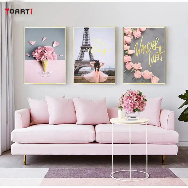 Cuadro Artistico Moderno Con Paisaje De Color Rosa Para Pared Con