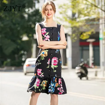 

High Fashion Women Runway Dress 2020 New Spring Clothes Elegant Lady Sleeveless Floral Print Ruffle Sexy Strap Trumpet Dress
