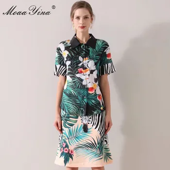 

MoaaYina Fashion Designer Set Spring Summer Women Short sleeve Green leaf Print Shirt Tops+Zebra Print Skirt Two-piece set