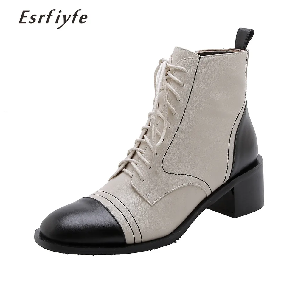 

ESRFIYFE 2020 New Arrive Genuine Leather Women Ankle Boots Fashion Thick Heels Square Toe Shoes Woman Mixed Color Lace Up Boots