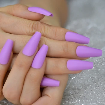 

EchiQ Fake Nails Ladies Matte Lavender Purple Ballerina Press On Nails Long Size Manicure Tips