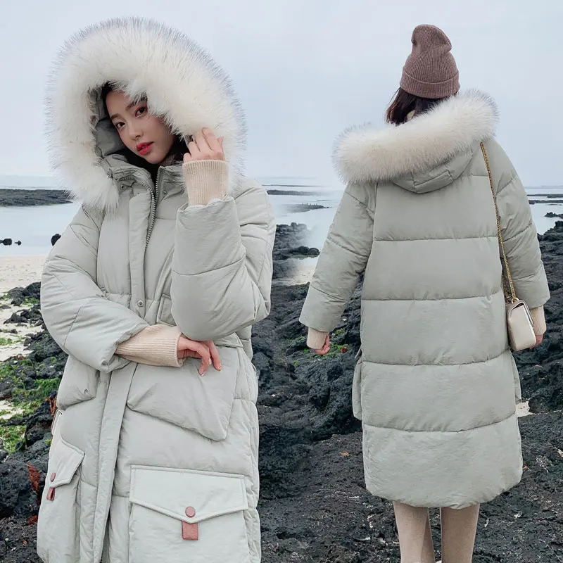 Длинное меховое пальто с капюшоном, зимнее пуховое пальто для женщин, большой размер, пекарская куртка, ватные парки с хлопковой подкладкой, ветрозащитные рукава, большой карман