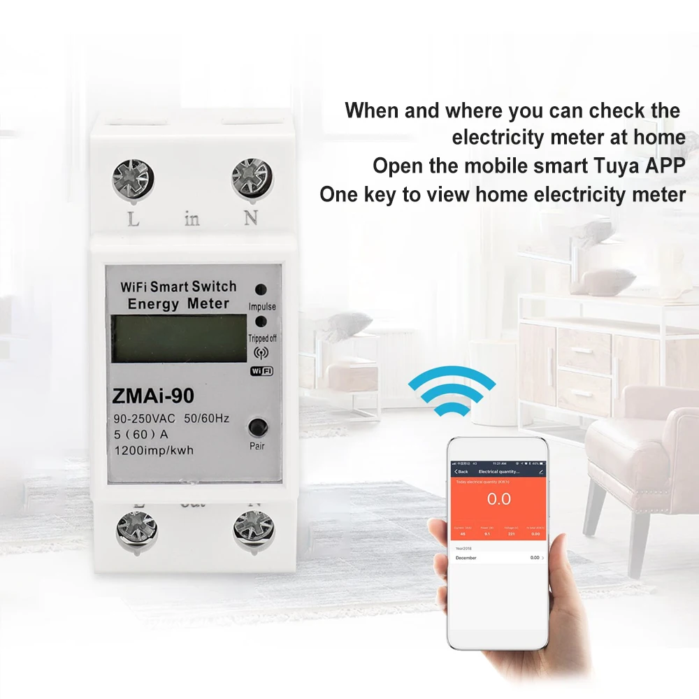 Smart Switch 60a Wifi Medidor de Energia Kwh Monofásico Trilho Din Tuya App Monitor e Registro de Consumo de Energia Wattímetro Proteção contra Sobrecarga Suporta Alexa Google Home - Image 3