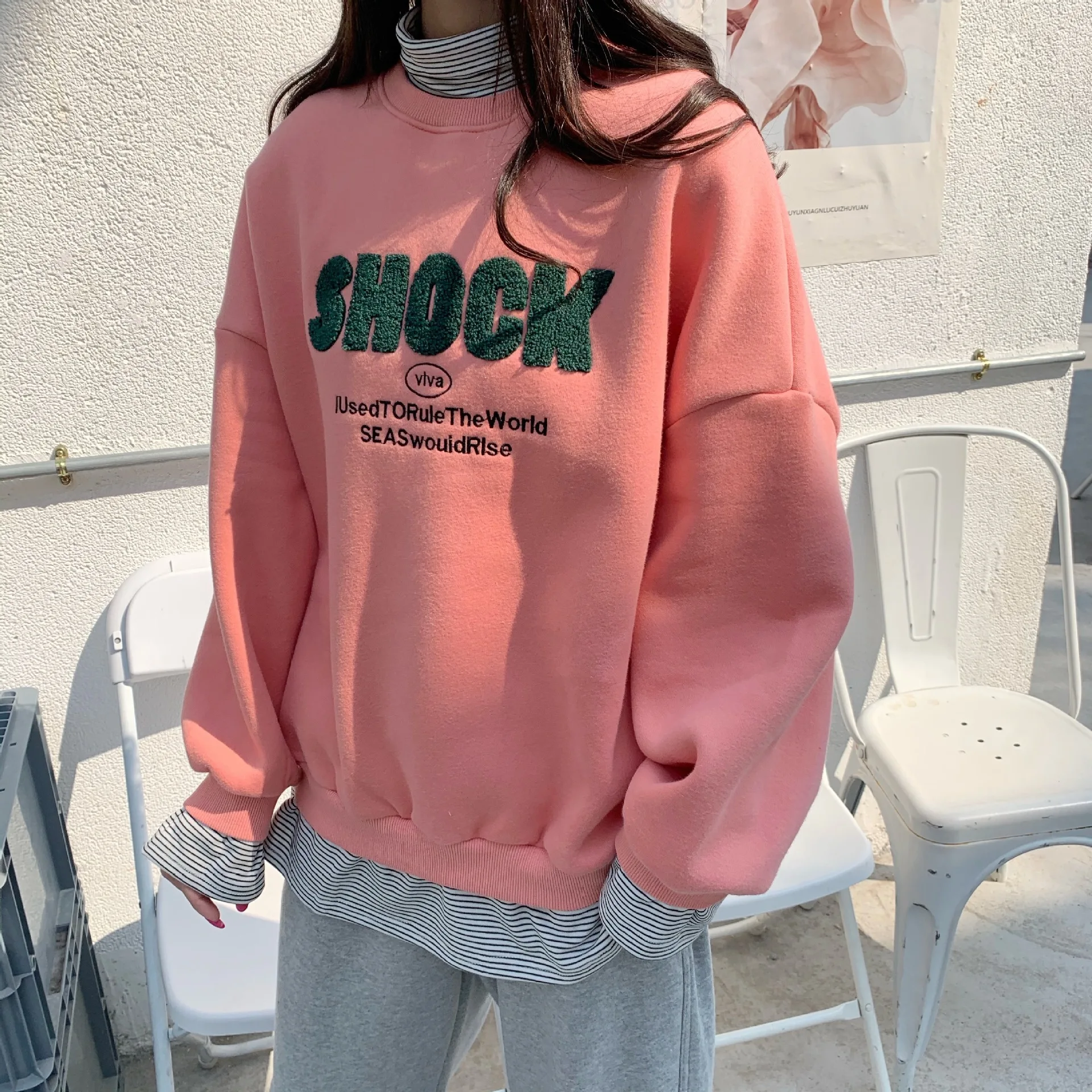 2019 Autumn Winter Retro Cartoon Prints Pure Cotton Sweatershirt Girl Heart Shrimp Pink Green Gray Casual Women Sweatshirt Hoody | Женская