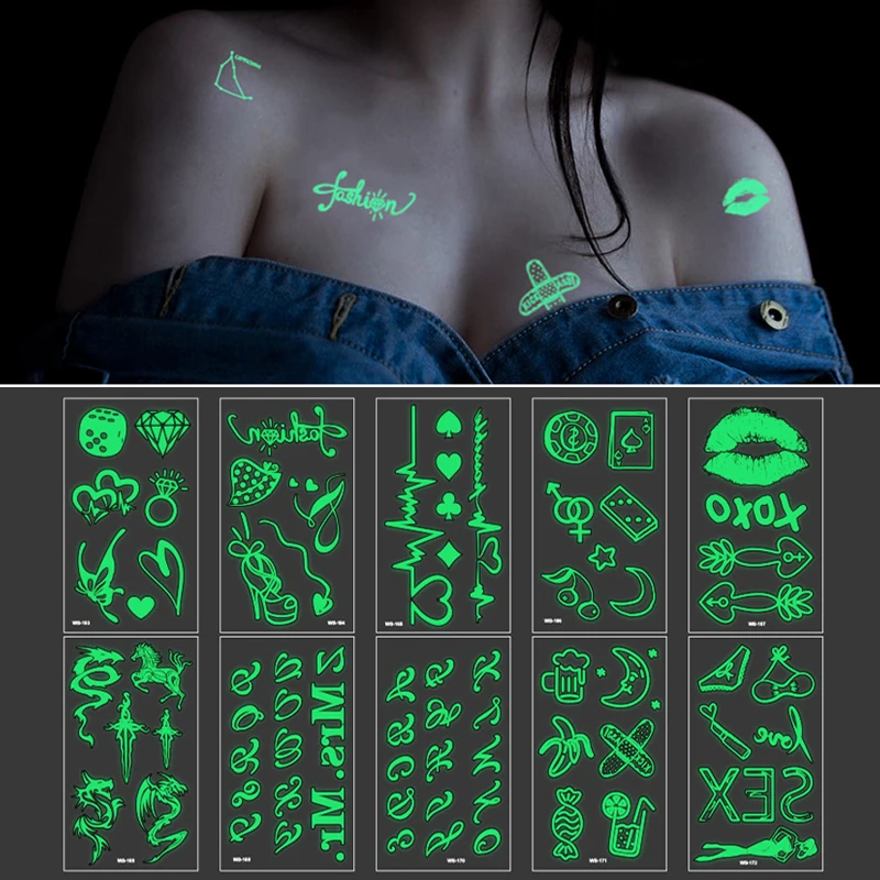 

Tattoo Stickers Luminous Temporary Fake Tattoos Glow in The Dark Face Arm for Women Halloween Body Art Sticker for Club Party