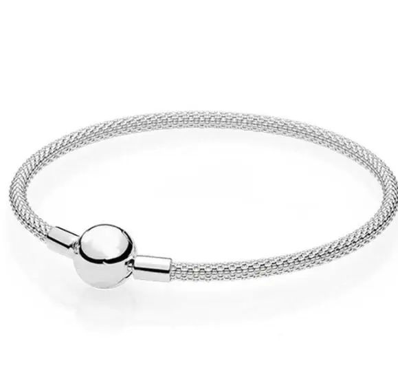 925 пробы Серебряная цепочка-змейка, базовая шаровая застежка, сетчатый пановый браслет, браслет, подходит для женщин, бусина, шарм, сделай сам, европейская бижутерия