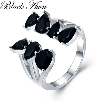 

BLAACK WAN Hygerbole 4.4g 925 Sterling Silver Fine Jewelry Engagement Black Spinel Engagement Open Rings for Women G030