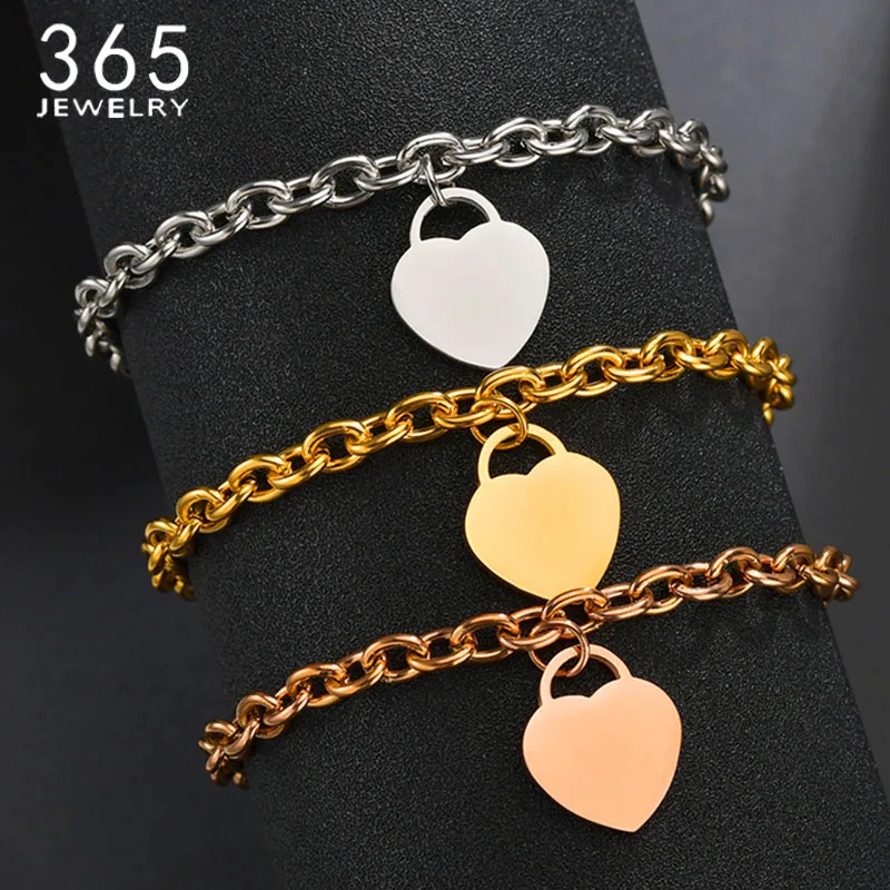 Personalized Stainless Steel Heart Bracelet Women Link Chain Gold Silver Love Pendant Bracelet Engrave Name Picture Wholesale