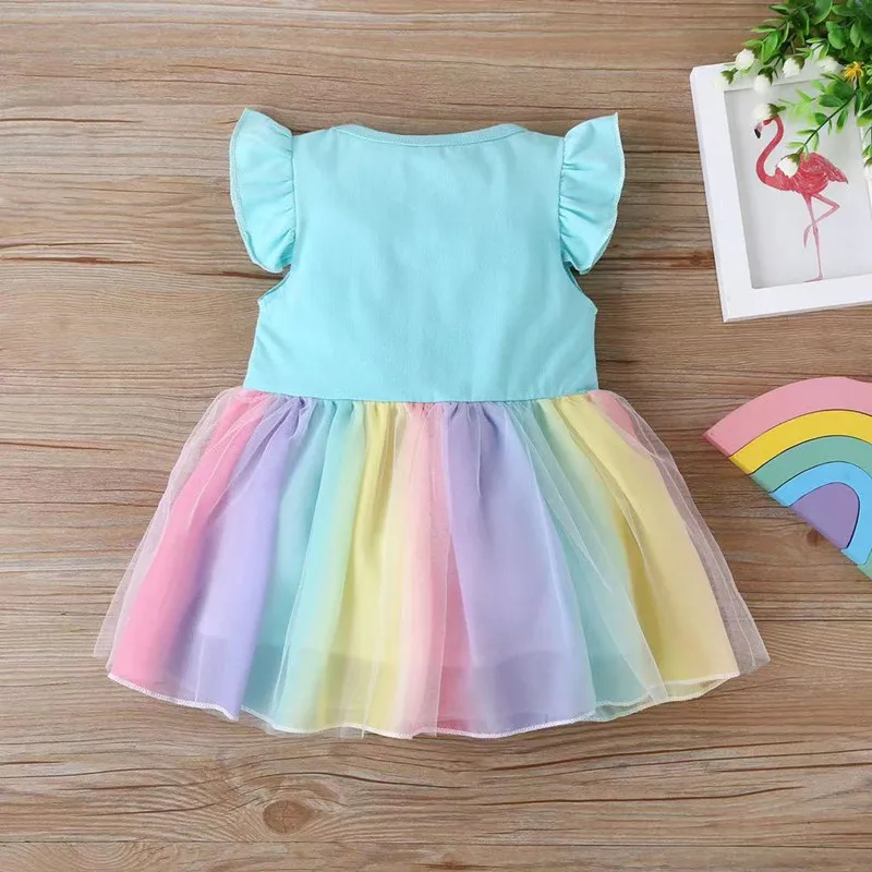 My Little Princess Cute Baby Girls Dress Cotton Flying Sleeve Rainbow Mesh Dresses Casual Vestidos Birthday Party Clothes jumper dress