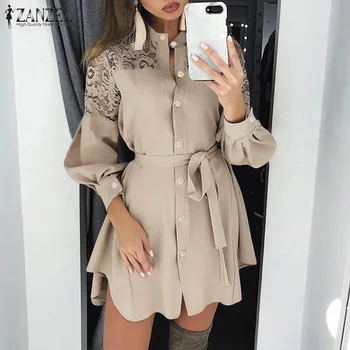 

2020 Plus Size ZANZEA Spring Fashion Long Shirt Dress Women Solid Long Sleeve Lace Patchwork Belt Party Mini Sundress Vestidos