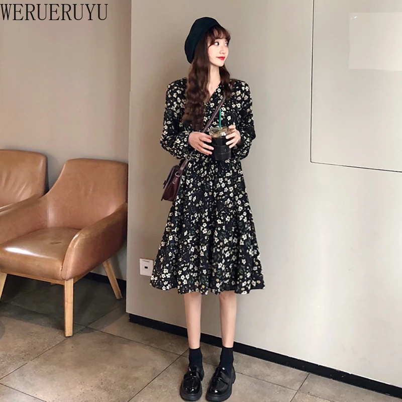 

New Elegant Women Floral Print Dress New Spring Autumn Female Casual Long sleeve Pleated Chiffon Vintage A-line DressFOR 2020