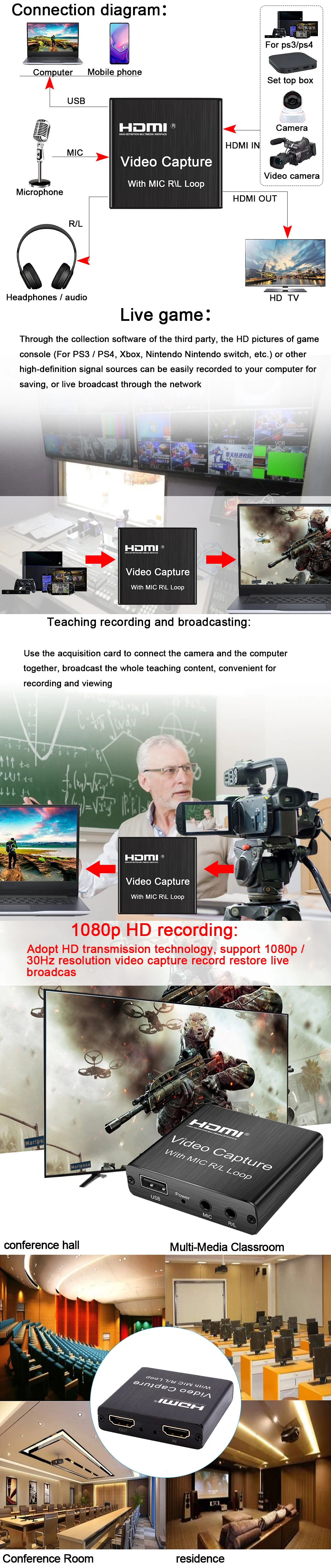 Description Picture 4 of item4K USB2.0 Video Capture Card USB 2.0 HDMI Video Grabber Record Box with Mic loop R/L for PS4 Game DVD Recording Live Streaming