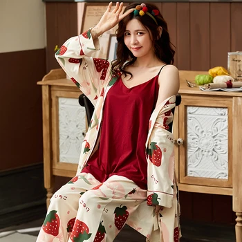 

Pure Cotton Pyjamas Female Short Coat V-Neck Vest Pants 3 Pieces Pajamas Sets Loose Oversize for Women Cotton Sleepwear Female
