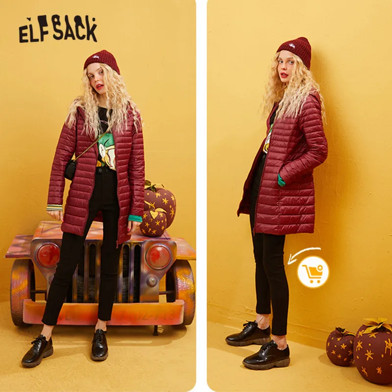New  ELFSACK Ultra Light 80% White Duck Down Coat Women Solid Color Short Thin Jacket Autumn Winter 2019