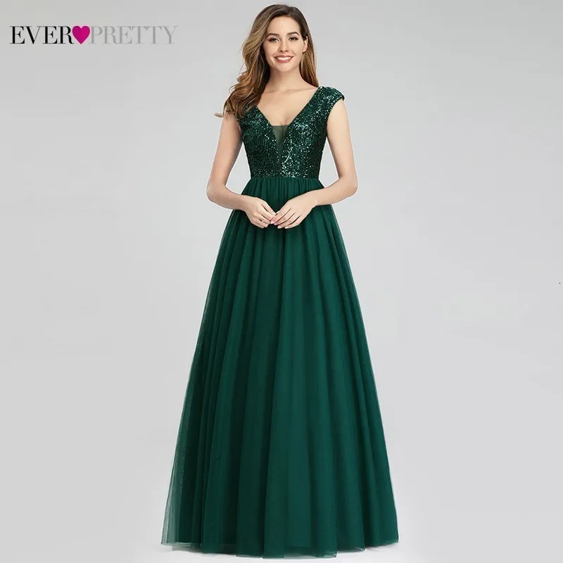 New Arrival Ever Pretty Sequined Prom Dresses Long A-Line V-Neck Elegant Sparkle Tulle Gala Dresses Mezuniyet Elbiseleri