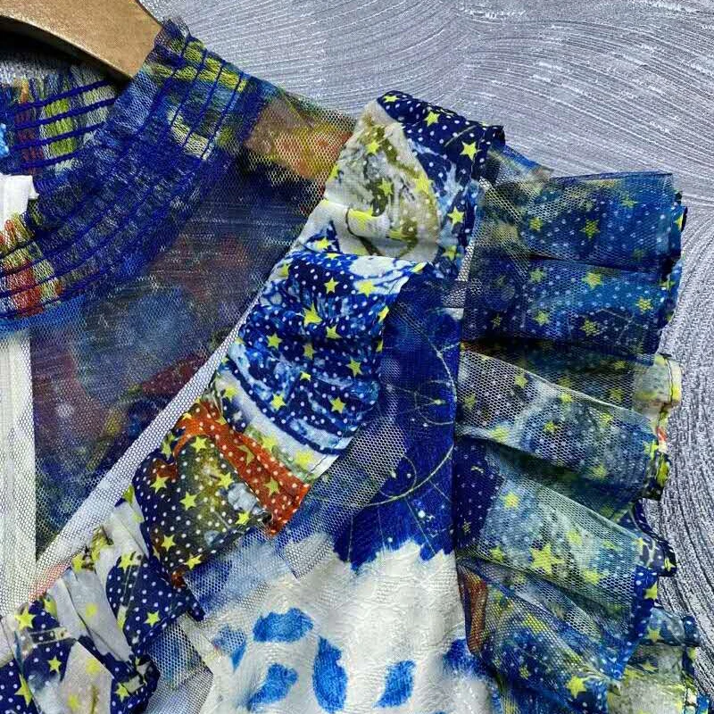 SEQINYY Vintage Mini Dress 2020 Summer Spring New Fashion Design Women Ruffles Blue Print Jacquard Runway