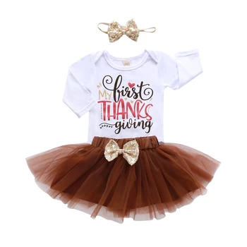 

Toddler Infant Baby Girl Thanksgiving Clothes Set Fall Autumn Long Sleeve Letter Bodysuit Lace Tutu Skirt Headband Outfits
