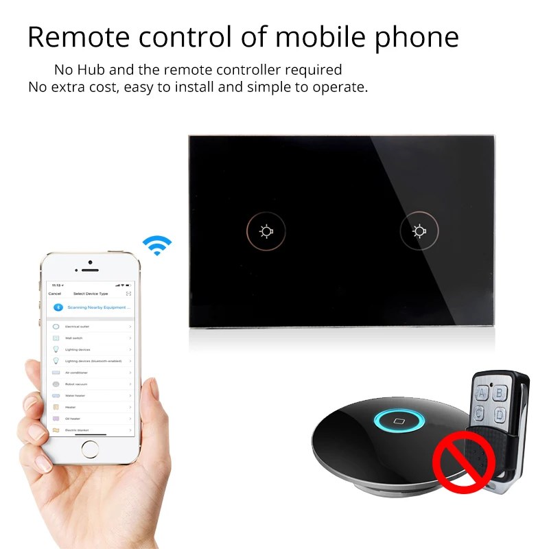 Wifi Smart Black Wall Switch US Socket 2Gang Glass Panel Mobile APP Remote Control No Hub Required for Smart Life AC100-240V