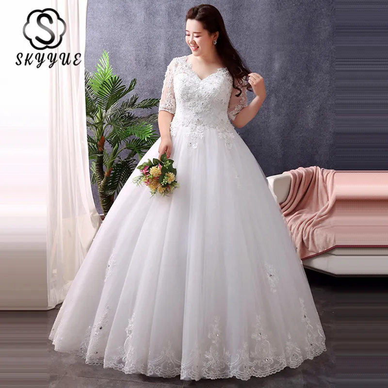 

Skyyue Evening Dress Lace V-neck Plus Size Women Party Dresses Half-sleeve Robe De Soiree Crystal Flower Evening Gowns 2019 T107