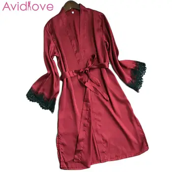 

Women Fashion Robe V Neck Long Sleeve Bathrobe Peignoir Lace Autumn Spring Patchwork Night Nightwear Sleepwear