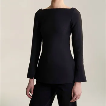 

Women's Long Sleeve Slim Blouse Slash Neck Black Solid Color Normcore Style Female Tops 2020 New