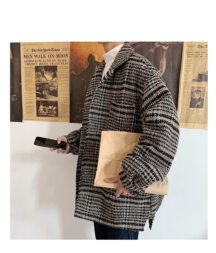 Men's Worsted Woollen Blends Loose Cashmere Jacket Long Male Wool Trench Overcoat Loose Cotton-padded Clothes Coats M-XL