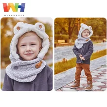 Детская шапка, шарф, костюм с рисунком медведя из мультфильма, капюшон, Теплый Глушитель для мальчиков, зимняя плотная флисовая шапка-шарф, ветрозащитная шапка