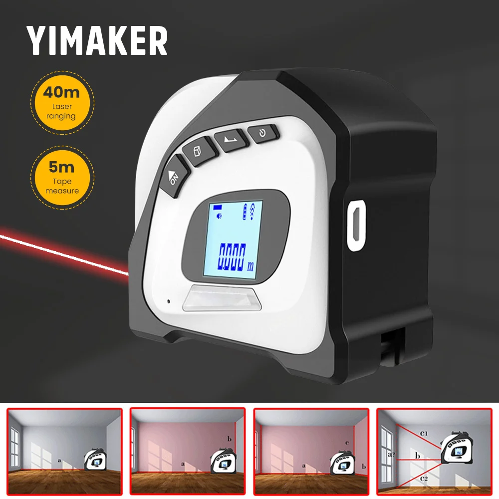 YIMAKER 40m Laser Rangefinder 5m LCD Digital Tape Measure Infrared Volume Measurement Construction Gauging Tool